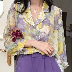 Korean Retro Floral Long Sleeve Blouse NWT